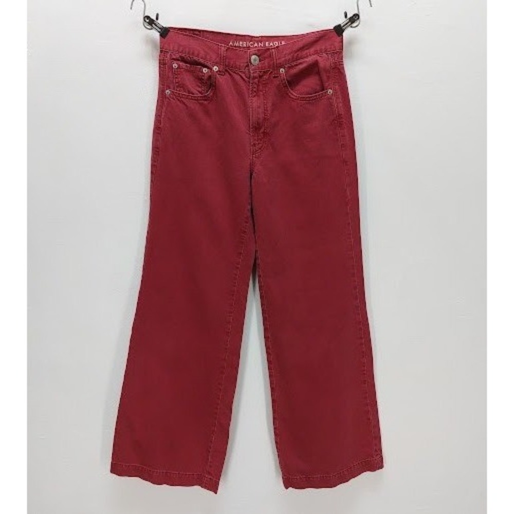 American Eagle Wide Leg Pants Women's Size 6 Short Burgundy Red High Rise Denim